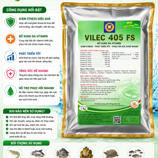 VILEC 405 FS - Bổ Sung Đa Vitamin Cho Thủy Sản, Giảm Stress, Tăng Sức Đề Kháng, Hỗ Trợ Phát Triển Nhanh, Phù Hợp Với Lươn, Cá Tra, Cá Rô Phi, Tôm, Ếch, Ba Ba