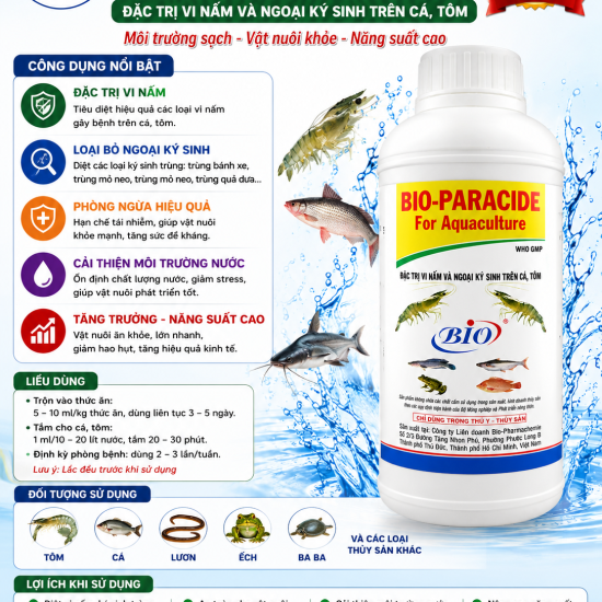 BIO-PARACIDE FOR AQUACULTURE Đặc trị vi nấm & ngoại ký sinh trên cá tôm lươn ếch Giảm hao hụt Tăng sức đề kháng An toàn khi sử dụng