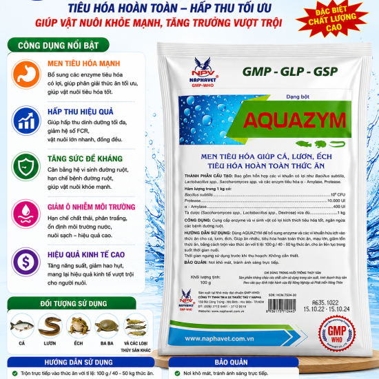 Naphavet AQUAZYM – Men Tiêu Hóa Cao Cấp Cho Cá, Lươn, Ếch – Bổ Sung Enzyme & Vi Sinh – Tăng Trưởng Nhanh – Giảm Hao Thức Ăn – Công Nghệ GMP-WHO
