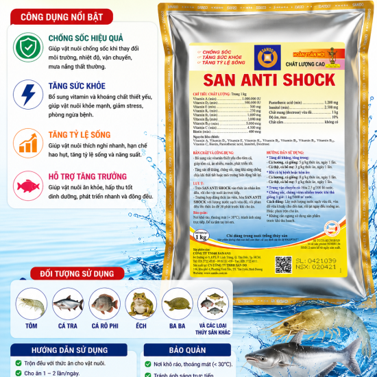SAN ANTI SHOCK – Chống Sốc Hiệu Quả, Tăng Sức Khỏe, Giảm Hao Hụt, Tăng Tỷ Lệ Sống Cho Thủy Sản – Giải Pháp Toàn Diện Cho Lươn, Cá, Tôm, Ếch, Ba Ba