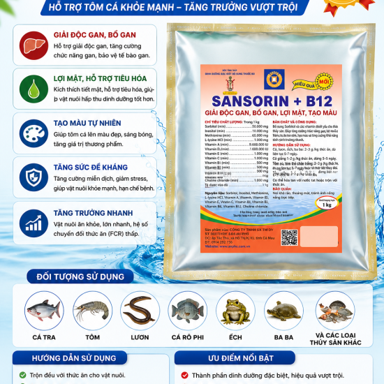 SANSORIN + B12 – GIẢI ĐỘC GAN, BỔ GAN, LỢI MẬT, TẠO MÀU CHO THỦY SẢN