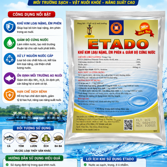 ETADO – Giải pháp xử lý nước ao nuôi hiệu quả, khử kim loại nặng, giảm phèn và độ cứng, cải thiện chất lượng nước, tạo môi trường ổn định cho tôm, cá, lươn, ếch, ba ba và nhiều đối tượng thủy sản khác.