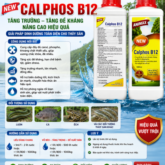 CALPHOS B12 – DINH DƯỠNG TOÀN DIỆN, TĂNG TRƯỞNG VƯỢT TRỘI CHO THỦY SẢN