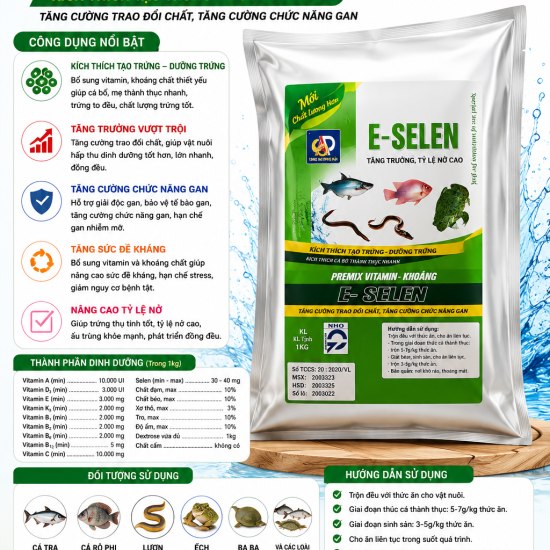 E-SELEN – PREMIX VITAMIN & KHOÁNG Kích thích tạo trứng – Dưỡng trứng – Tăng tỷ lệ nở cao